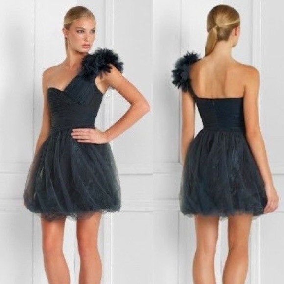 BCBGMaxAzria Blue Grey Metallic One Shoulder Dress - Picture 3 of 5